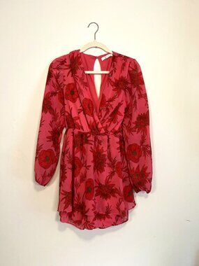 Pink Floral Chiffon Long-Sleeve Wrap Romper Size S